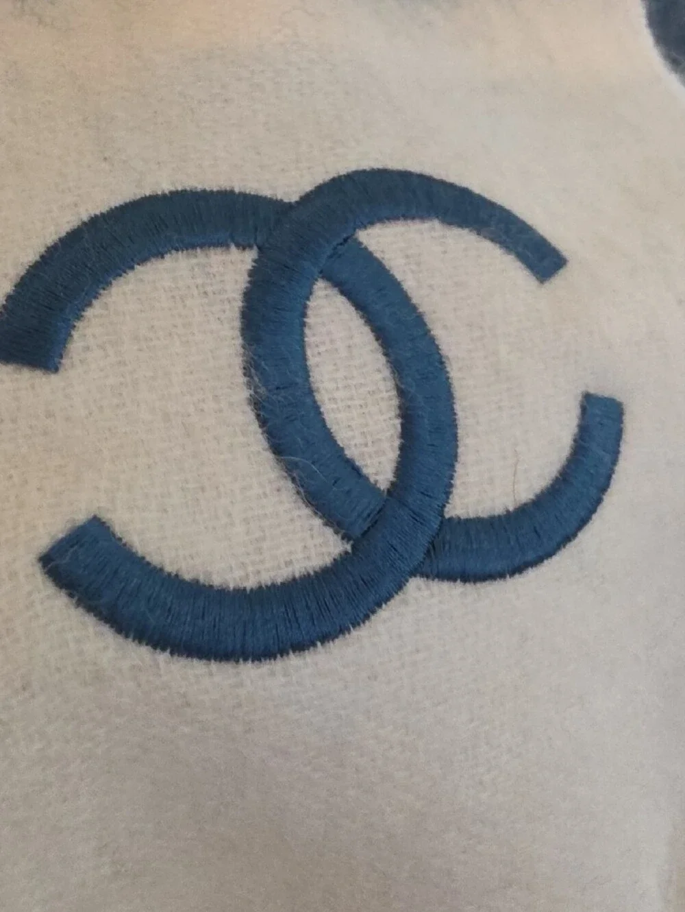CHANEL Blue and Cream Embroidered CC Logo Scarf